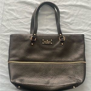 Kate Spade, pebble leather expandable, tote handbag, purse, black & gold